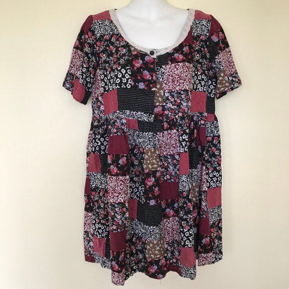 Babydoll Tunic Top Calico Floral Patchwork Print Blouse Vintage 90s Best Company - Picture 1 of 6
